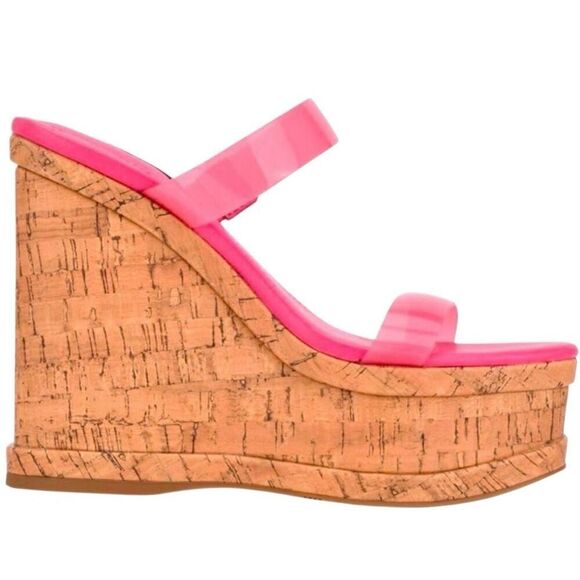 Nine West Sandals Size 6 Pink Open Toe Double Strap Slip On Platform Wedges - Picture 9 of 9